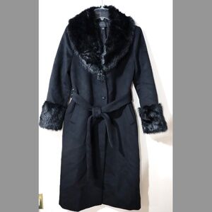 Ann Taylor $348 Studio Collection Faux-Fur-Trim, Belted Wool Blend Coat Black
